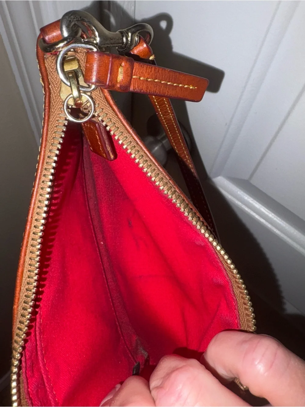 Dooney & Bourke Navy and Brown Logo Patch Wristlet